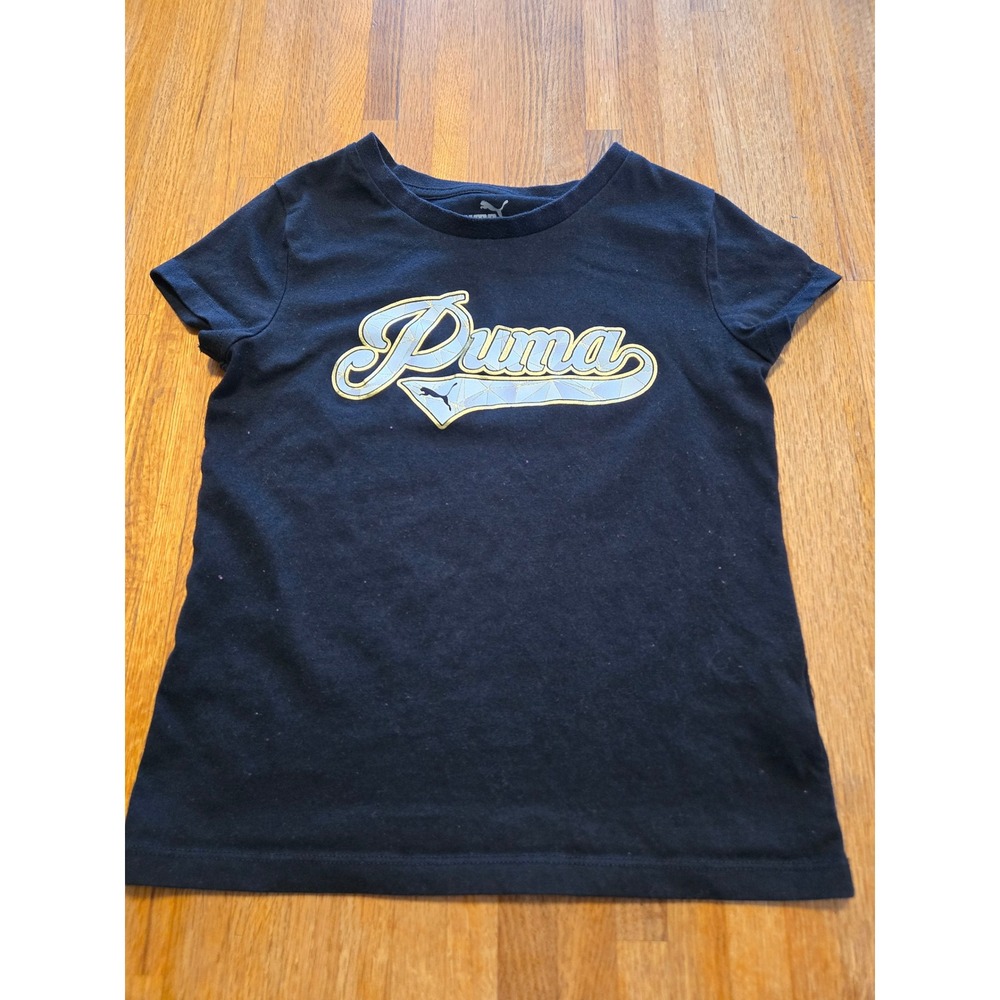 Puma Girls M (7/8) Black Gold Foil Metallic Logo Graphic Crew‎ Neck T-Shirt
